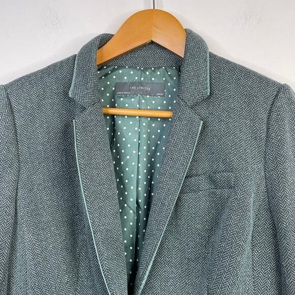 The Limited Green Gray Herringbone Tweed Classic Academia Blazer Jacket womens M - Picture 2 of 13